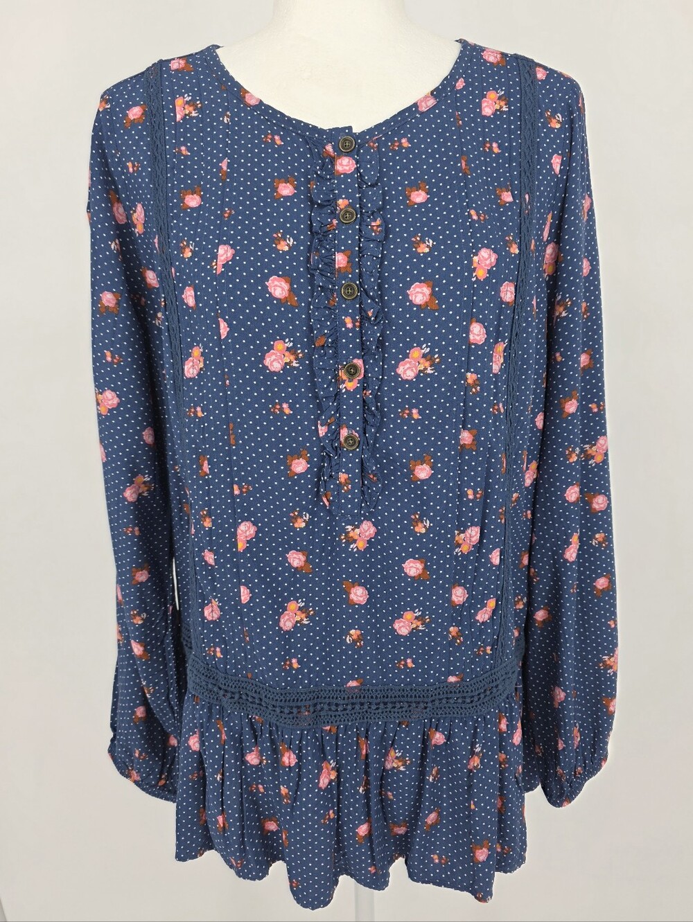 Matilda Jane Medium Blue Pink Floral‎ Polka Dot Ruffle Peplum Boho Blouse